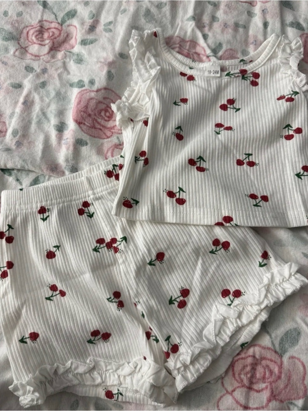 SHEIN White Ribbed Cherry-Print Pajama Set